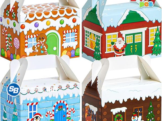 Lot 58-15841 - New JOYIN 24 PCS 3D Christmas House Cardboard Treat Boxes for Holiday Xmas Goody, 6” x 3.5” x 6” Goo...
