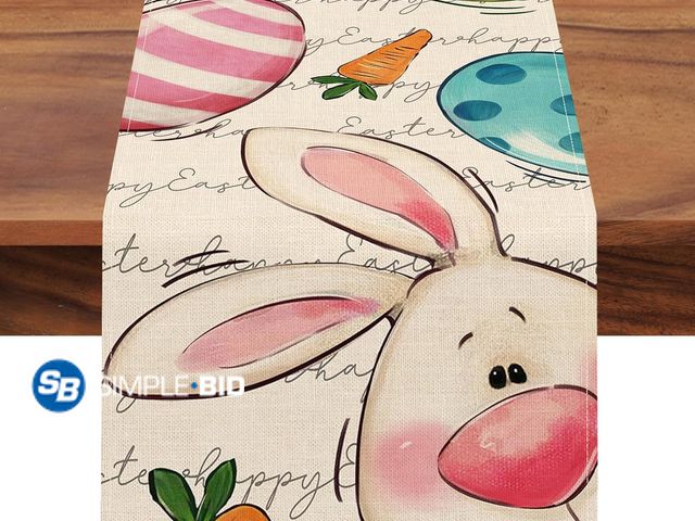 Lot 58-50364 - Lot of (4) New Happy Easter Bunny Table Runner, Cute Rabbit Eggs Carrot White Kitchen Dining Table D...