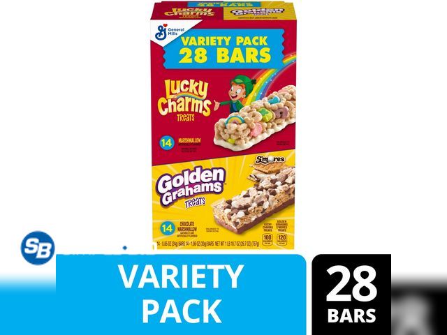 Lot 58-66145 - Lucky Charms and Golden Grahams S'mores Cereal Treat Bars, Variety Pack, 28 Count, 26.7 oz - unopene...