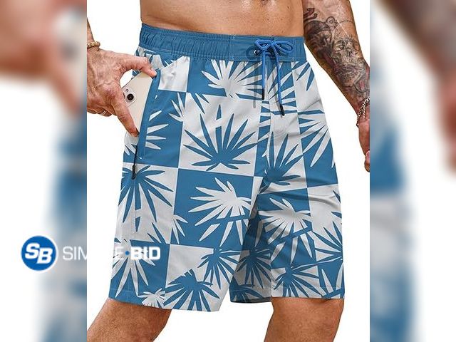 Lot 58-38991 - New Mens Zipper Trunk Tropical Beach Short Pockets Surf Graphic Blue Leaf Print Swim Swimsuit - SIZE...