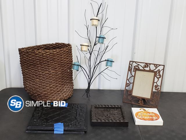 Lot 58-75866 - Lot of Various Decor - Metal Tree Tealight Candle Holder, Metal Wall Tiles, 14" Tall Wicker Basket a...