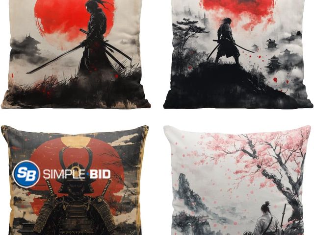 Lot 58-40638 - New Japanese Samurai Pillow Covers 18x18 Inch Set of 4, Cool Red White Moon Ancient Ninja Throw Pill...