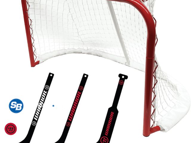 Lot 58-58519 - New Warrior Pro Mini Metal Hockey Goal Combo Set - 30" Net, 2 Mini Player, 1 Mini Goalie Stick and B...