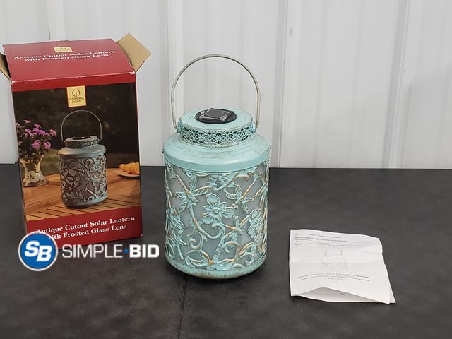 Lot 58-72069 - Compass Home - Antique Cutout Solar Lantern with Frosted Glass Lens