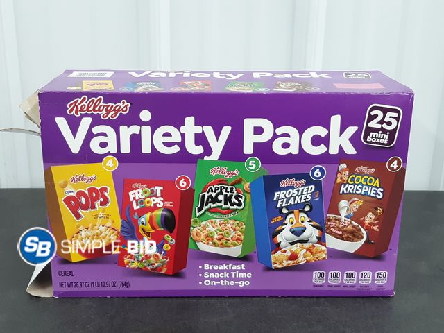 Lot 58-37692 - Kellogg's Variety Pack 25 mini boxes -- POPS - FROOT LOOPS - APPLE JACKS - FROSTED FLAKES - COOCA KR...