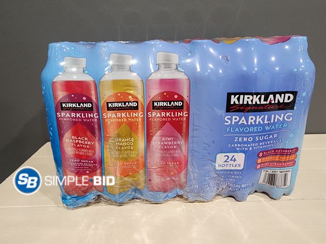 Lot 58-30490 - Kirkland Sparkling Flavored water -- BLACK RASPBERRY - ORANGE MANGO - KIWI STRAWBERRY 24 bottles - u...
