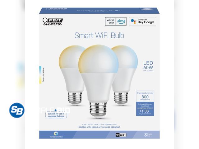 Lot 58-60799 - New Feit Electric 8.8W (60W Replacement) Tunable White E26 Base A19 Smart WiFi LED Light Bulb (3-Pac...