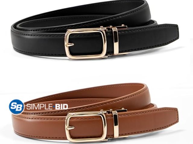 Lot 58-78194 - New Women's Skinny Ratchet Leather Belts 2 Pack Easy-Release Gold Buckle • Slim Feminine Design • No...