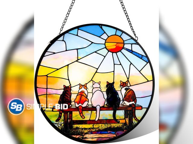 Lot 58-84233 - New Stained Glass, Cat and Sunset Circular Sun Catcher Ornament with Chain &amp; Suction Cup, Suncat...