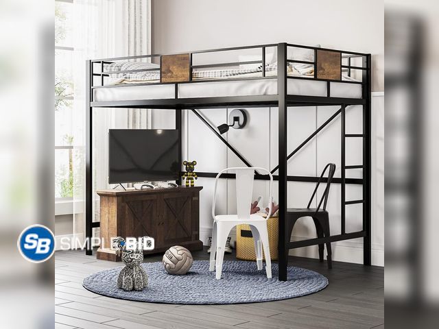 Lot 58-41385 - Loft Bed Twin Size with Ladder and Guardrail,Rustic Design,Metal Slats Support No Box Spring Needed ...