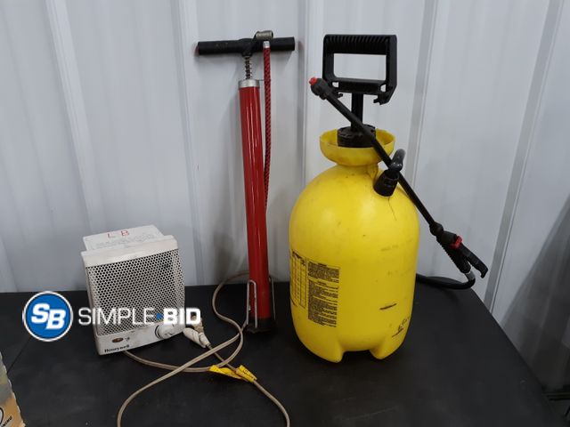 Lot 58-40144 - Box of Misc. Used Items - Vintage Craftsman Ratchets, Little Space Heater, Bike Pump, Weed Sprayer a...