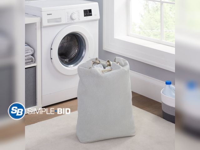 Lot 58-28419 - New Better Homes &amp; Gardens Polyester and Cotton Canvas Adult Laundry Bag, Gray, 15 in W x 7 in D...
