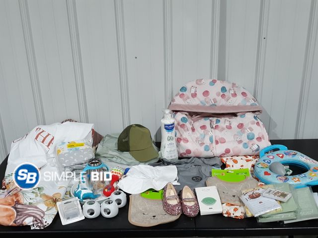 Lot 58-33037 - Lot of INFANT - Toddler items including Toys, Banners, for baby shower, Stroller cover and more -- u...