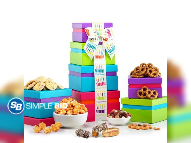 Lot 58-63786 - Broadway Basketeers Birthday Food Gift Basket 4 Box Tower – Snack Box, Sweet &amp; Savory Treats for...