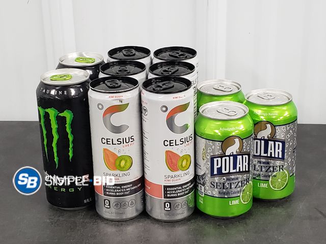 Lot 58-29938 - DRINKS! Lot of (11) Different style of drinks from energy drinks -- Monster - Celsius - Seltzer wate...