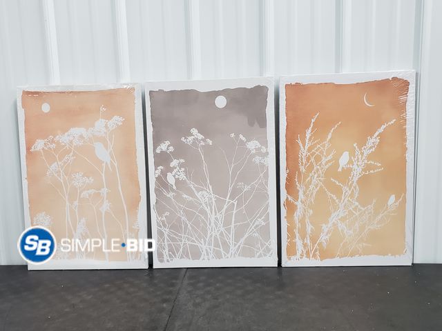 Lot 58-81020 - New 3 piece Canvas Wall Decor - Vintage Wildflower and Birds - approx. 24" x 16"