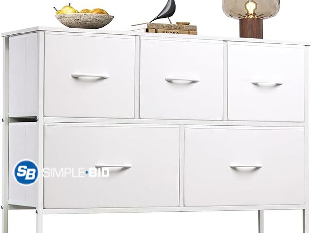 Lot 58-32560 - New WLIVE White Dresser for Bedroom with 5 Drawers, Chest of Drawers, Fabric Small Dresser with Draw...
