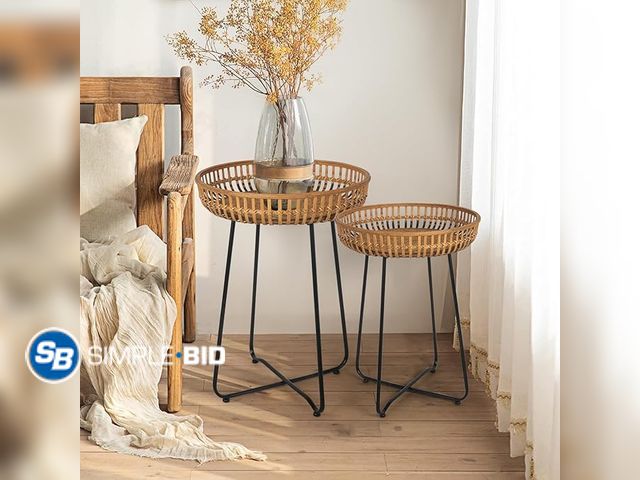 Lot 58-26991 - New Oakrain Rattan Side Table, Nesting Tables, Set of 2, Bamboo Coffee with Metal Base for Living Ro...