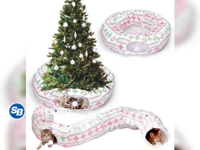 Lot 58-55962 - CHRISTMAS IN JULY! New Leyndo 37 x 10 Inches Christmas Cat Tunnel Bed Under Christmas Tree with Cent...