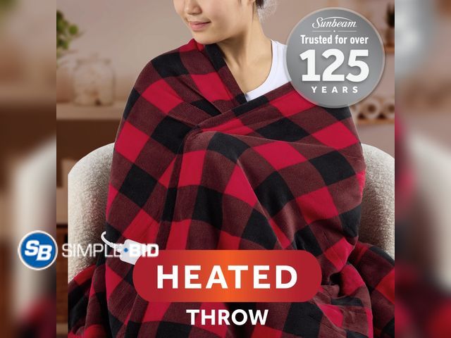 Lot 58-68139 - Sunbeam Electric Heated Throw Red/Black Plaid Microplush Faux Shearling 4 Heat 50x70 - used but in g...