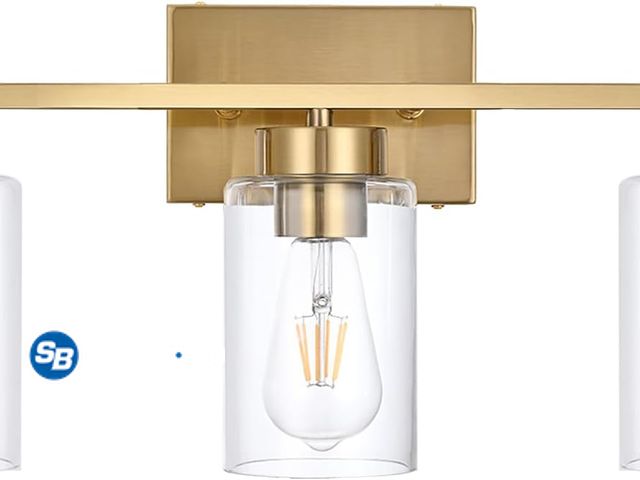 Lot 58-30438 - New 3-Light Bathroom Vanity Light, Modern Brushed Gold Wall Lights with Clear Glass Shades, Bathroom...