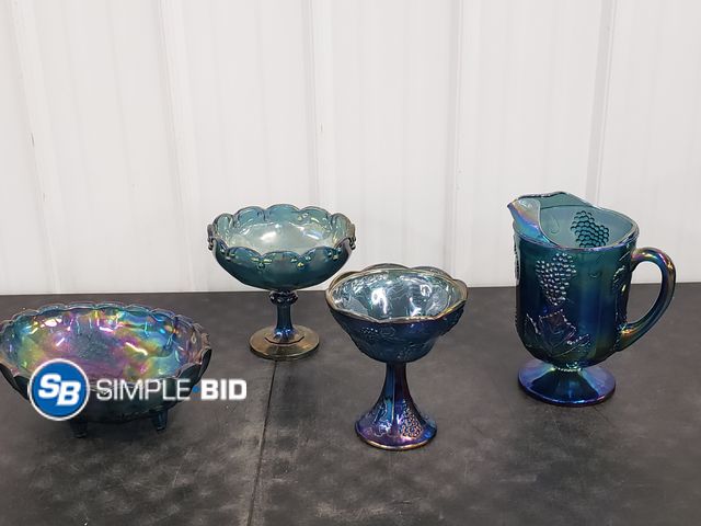 Lot 58-67773 - Lot of (4) Vintage Hand Blown Carnival Glass -- Candy bowl,  Bowls, Pitcher, cups