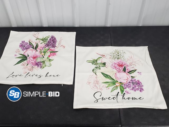 Lot 58-54277 - Set of (2) New Pillow Coverings - Love Lives Here -- SWEET home - approx. 18" x 18"