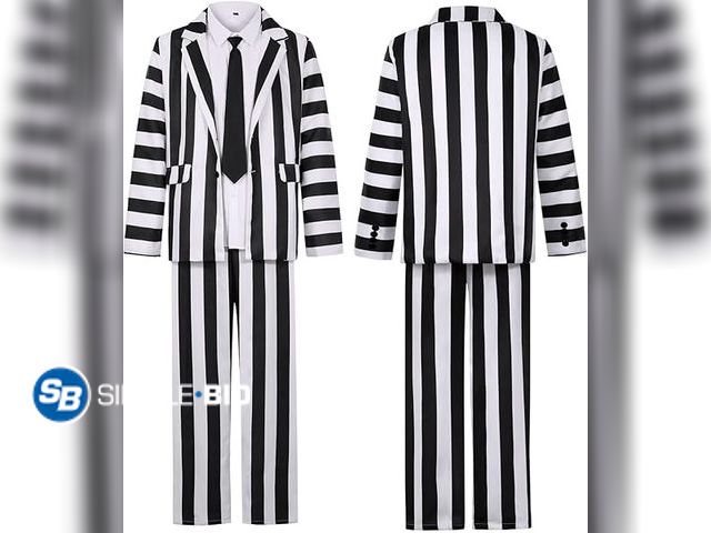 Lot 58-31976 - New Scary Halloween Costumes for Men Black and White Striped Suit Adult 80s Horror Movie Character C...