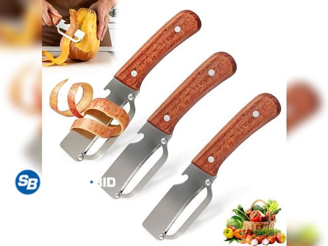 Lot 58-83193 - New 3 PCS Peeler with Wooden Handle, Bottle Opener, Vegetable Fruit Skin Peeling, Stainless Steel Bl...