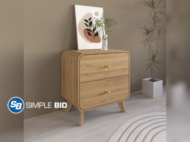 Lot 58-36671 - New Castle Place Mid-Century 2 Drawer Wooden Nightstand, Light Oak