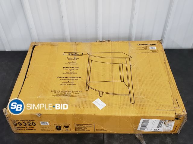 Lot 58-50264 - Winsome Studio Corner Desk - Honey Finish - Top Is Cracked and Needs Reglued