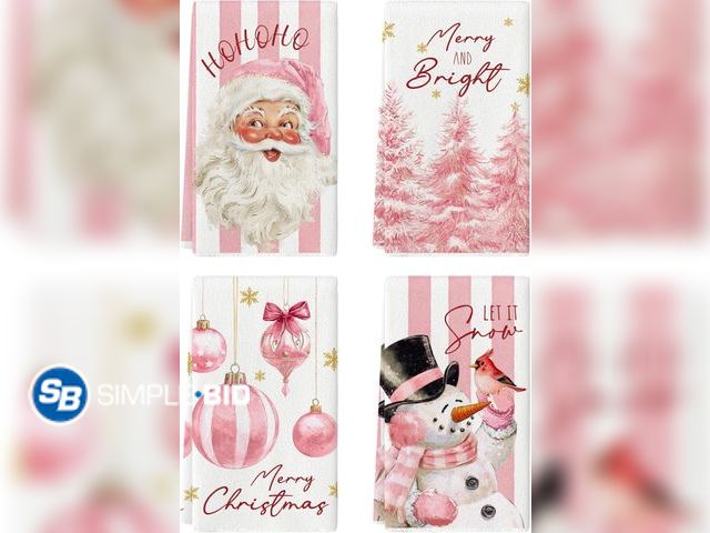 Lot 58-61895 - CHRISTMAS IN JULY! New Pink Christmas Kitchen Towels, 20 x 27.5 inches Snowman Santa Decoration Chri...