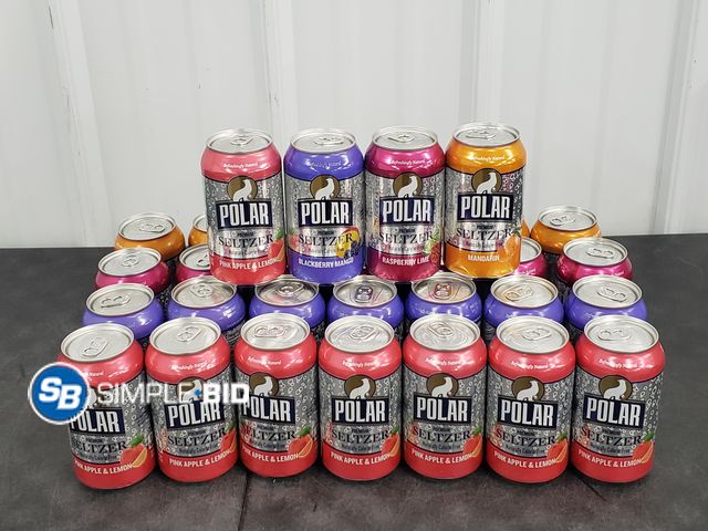 Lot 58-54304 - POLAR SELTZER! Lot of (32) Polar Seltzer - Raspberry Lime - Blackberry Mango - Mandarin -- Pink appl...