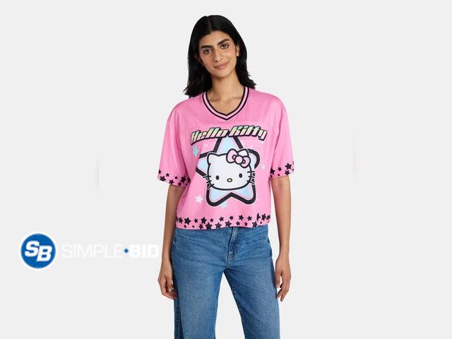 Lot 58-71138 - New Hello Kitty Women's Plus Cropped Front Back Graphic Football Jersey, Size XL