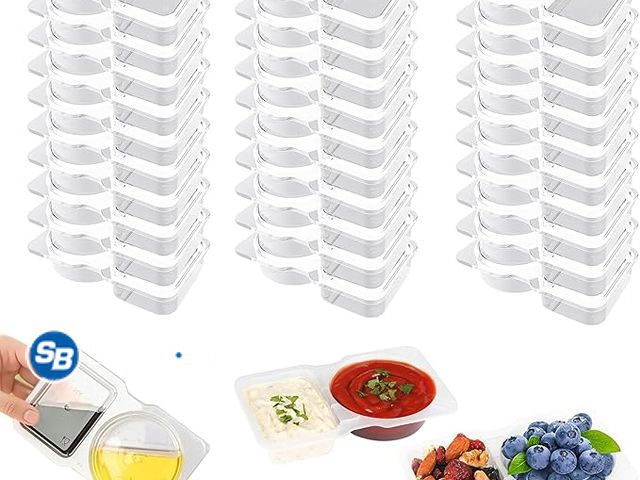 Lot 58-74027 - New 30 PCS Double Compartment Condiment Snack Container with Lids, Plastic Snack Portion Cups