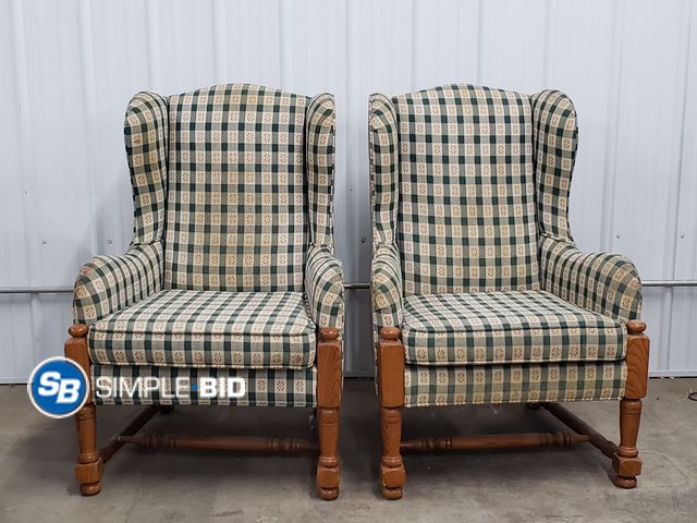 Lot 58-78207 - Lot of (2) Plaid Chairs with wooden legs - in good condition - Great for a College kid, Extra set, C...