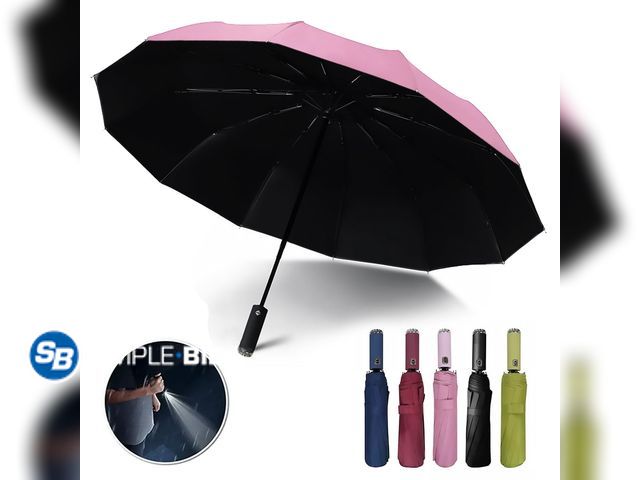 Lot 58-38943 - New Automatic folding umbrella with LED flashlight handle, lightweight for travel, 10 ribs, portable...