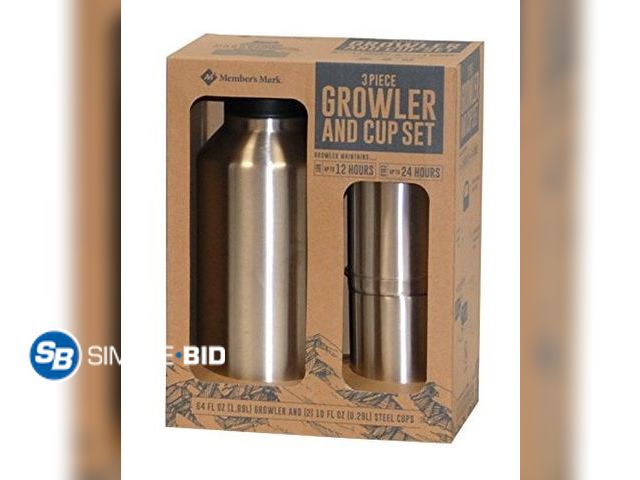 Lot 58-34798 - Member's Mark 3 Piece Growler and Cup Set 1 64 fl oz Growler and 2 10 fl oz Steel Cups - appears unu...
