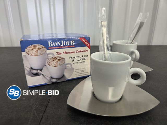 Lot 58-84691 - New BONJOUR The Museum Collection Latte cups &amp; Saucers with spoons