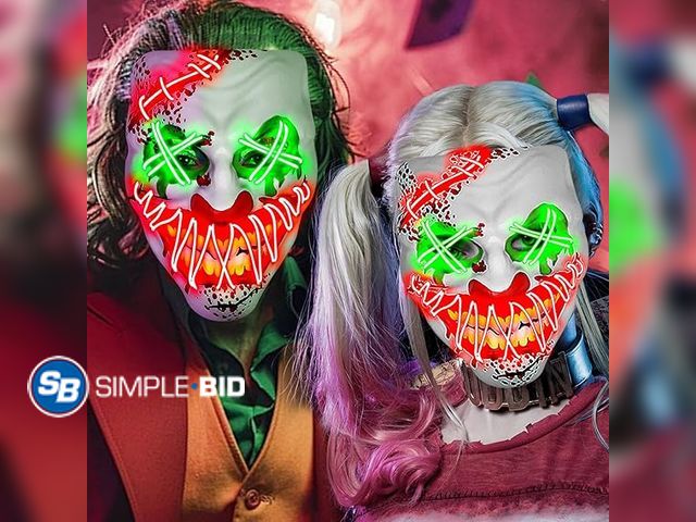 Lot 58-26334 - Lot of (2) New Halloween LED Clown Mask for Aldult &amp; Kids，EL Wire Scary Purge Mask for Cosplay C...