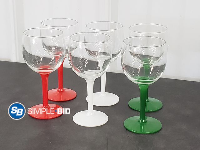 Lot 58-84426 - Lot of (6) Red/Green/White Stemmed Wine Glasses