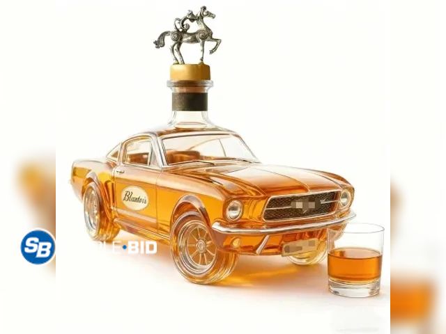 Lot 58-41233 - New  Whiskey Decanter with Funnel - Novelty Mustang Themed Lead-Free Glass Bottle for Bourbon, Crown...