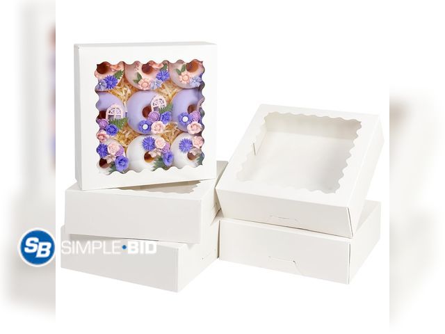 Lot 58-80991 - New Bakepacker Auto-pop Up Pie Boxes with Window 9x9x2.5 inches 36pcs White Easy Assemble, Macaroon ...