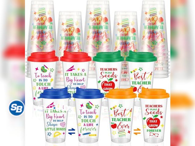 Lot 58-83922 - New 48 Set Teacher Appreciation Cups Bulk 16 oz Clear Teacher Plastic Coffee Cups with Strawless Sip...