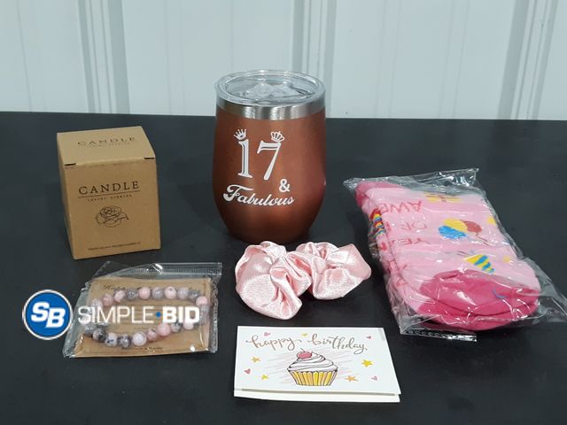 Lot 58-28950 - Happy Birthday Gift Box - Includes Candle, Wine Tumbler, Socks and Hair Scrunchy