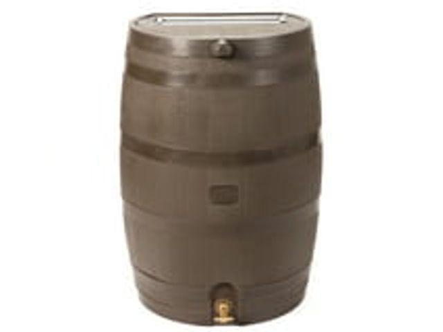 Lot 58-54237 - RTS Home Accents Polyethylene 50 Gallon Flat Back Brass Spigot Rain Barrel, Walnut Color - light use...