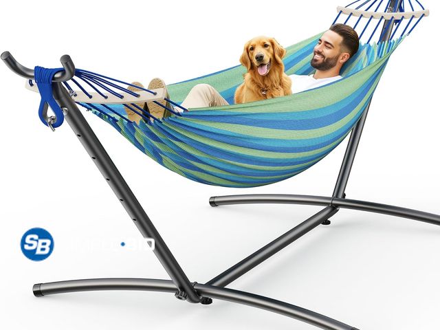 Lot 58-76197 - New ANAGOO 2 Person Hammock with Stand, 500 lb Indoor Outdoor, Wide Blue Adjustable Height | Heavy D...