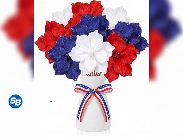 Lot 58-83201 - New 9 Pcs Red White Blue Poinsettia Flowers  DIY Table Centerpiece Vase Filler Party Decorations (no...