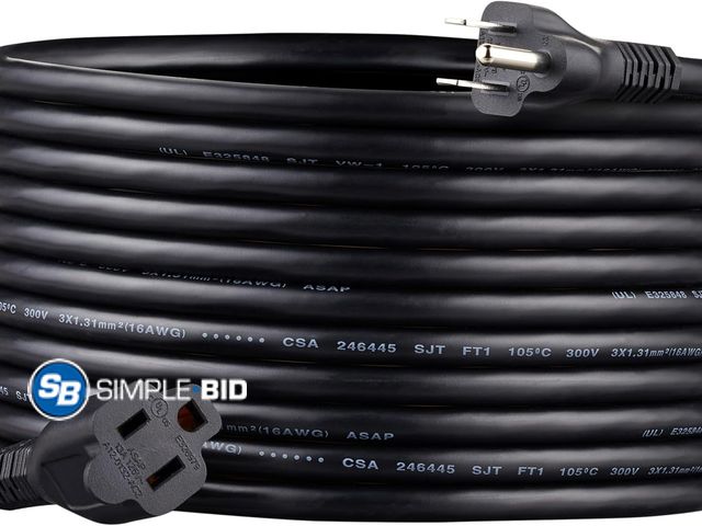 Lot 58-74266 - New Amazon Basics Extension Cord, 20 Ft, 3 Prong Outlet Extender, Indoor, 13 Amps, 125V, 16 AWG, Bla...