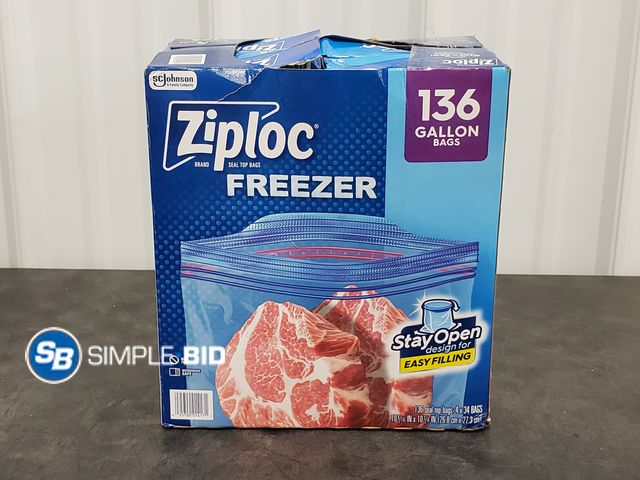 Lot 58-50172 - ZIPLOC! FREEZER Bags 136 gallon bags - 4 Boxes of 34 - unopened - damaged packaging